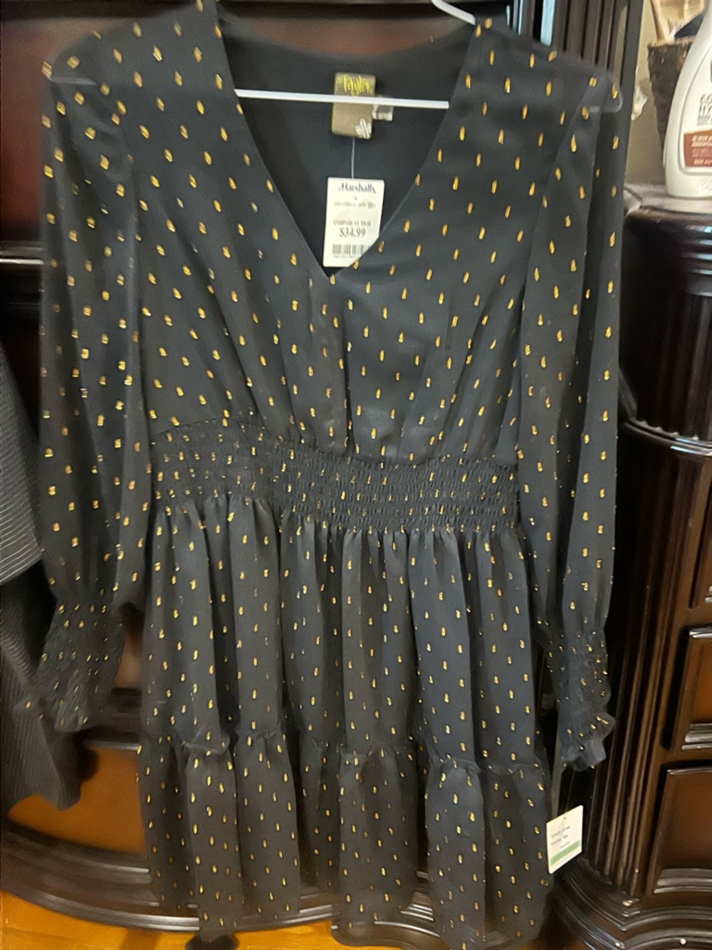 Taylor Black Long Sleeve Polka Dot Smocked Waist Dress
